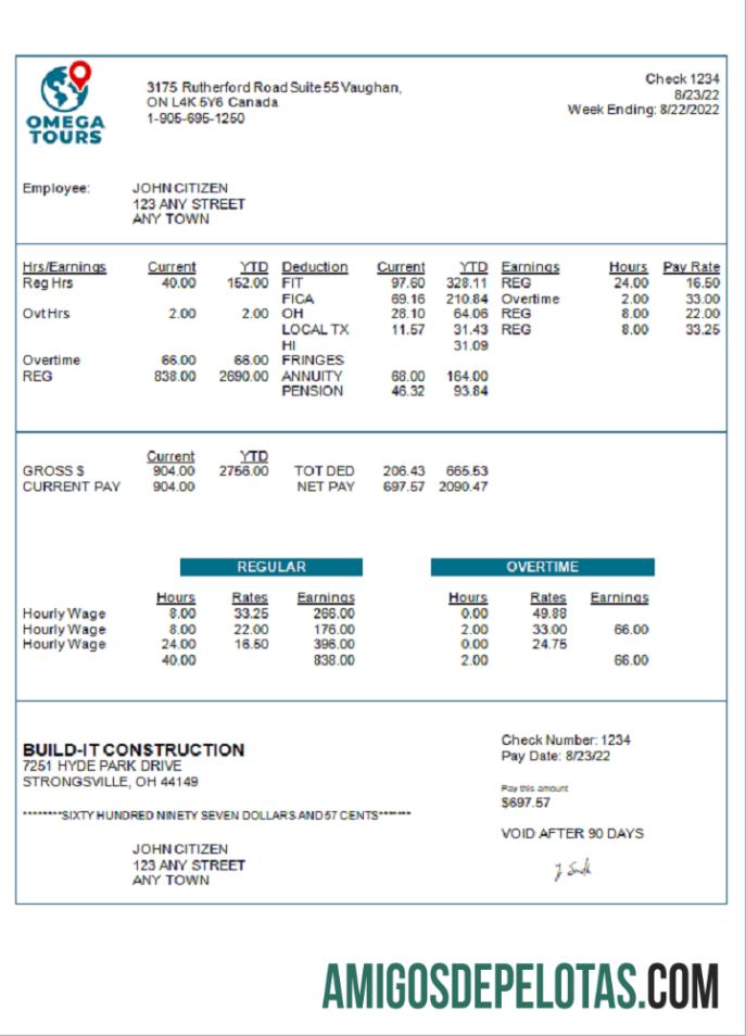 Recibo de pagamento da empresa de turismo Omega Tours dos EUA exemplo